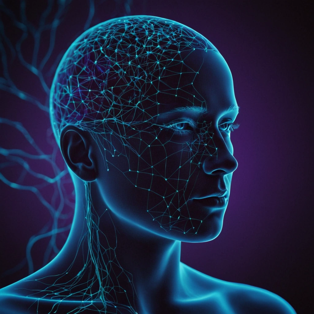 Retrato conceitual em dupla exposição de uma pessoa focada integrada com redes digitais e neurais de cores neon, ilustrando o aprendizado e a empatia.