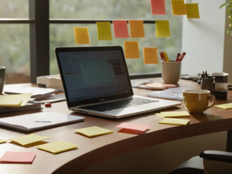 Foto de estilo de vida profissional mostrando uma pessoa em uma mesa de trabalho com vários post-its coloridos e um notebook, ilustrando a desorganização e o desafio de foco no TDAH.