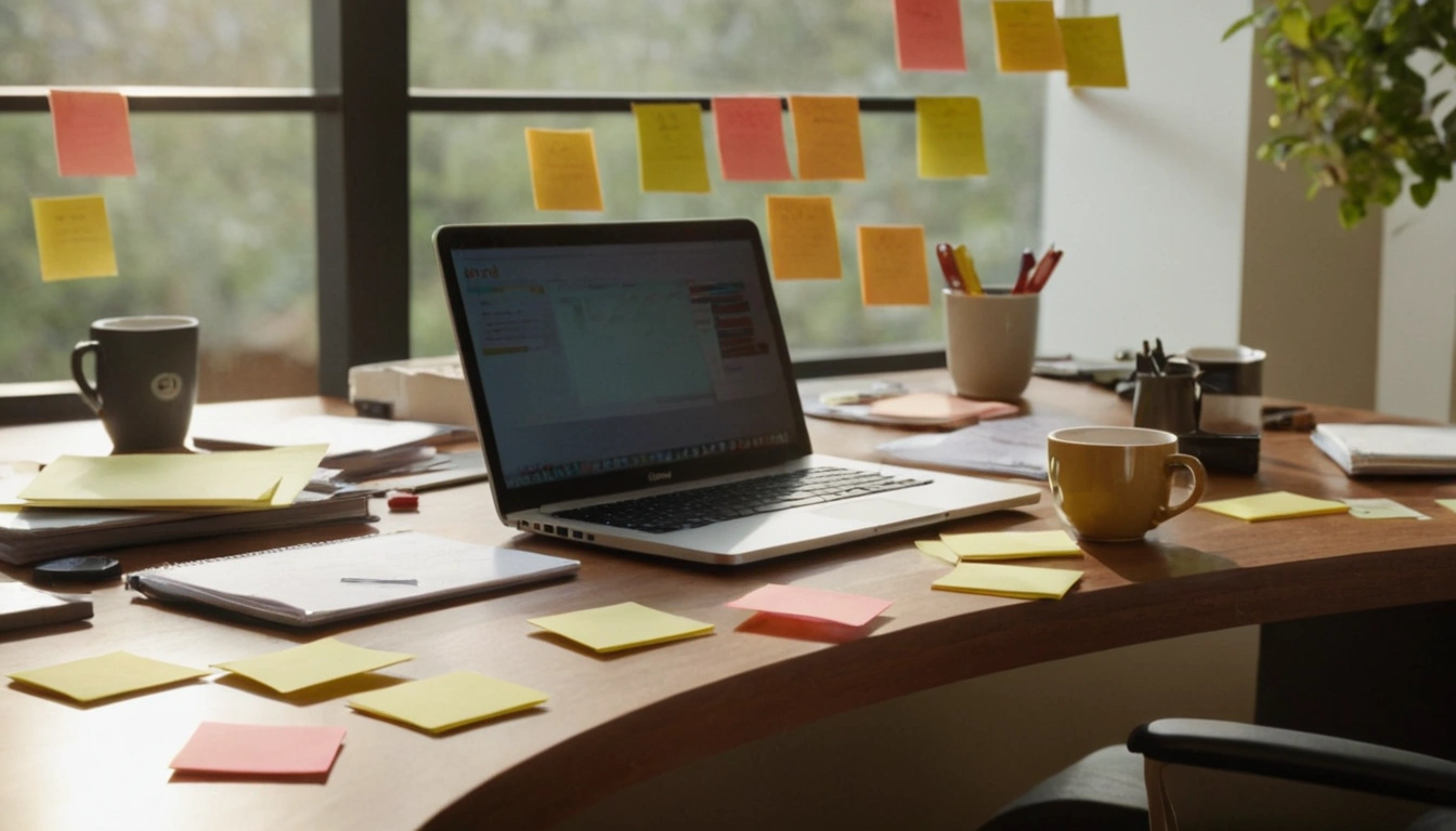 Foto de estilo de vida profissional mostrando uma pessoa em uma mesa de trabalho com vários post-its coloridos e um notebook, ilustrando a desorganização e o desafio de foco no TDAH.